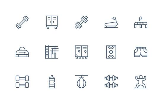 15 regular línea íconos para gimnasio gráficos sensible icono conjunto para flexible diseños vector