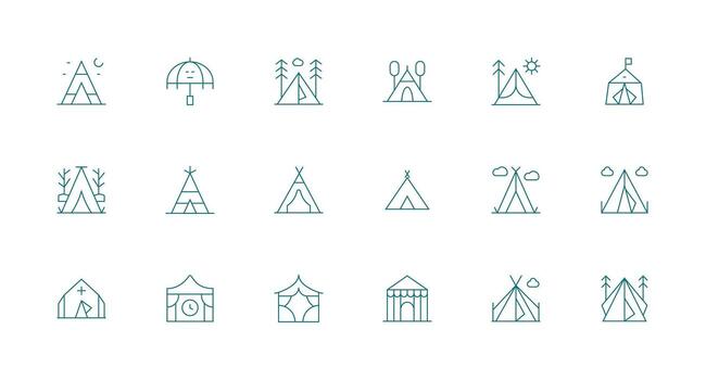 Tent Design Icons featuring 18 in Minimal Line Style High-Resolution Icons for Any Platform vector
