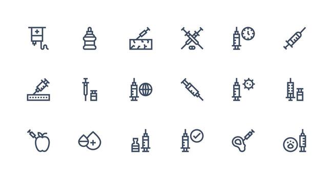 Syringe Icon Set with 18 Strong Stroke Line Graphics Minimal Icon Pack vector