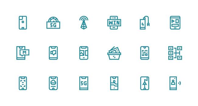 Smartphone featuring 18 Icons in Strong Stroke Line Design Reusable Icon Set vector