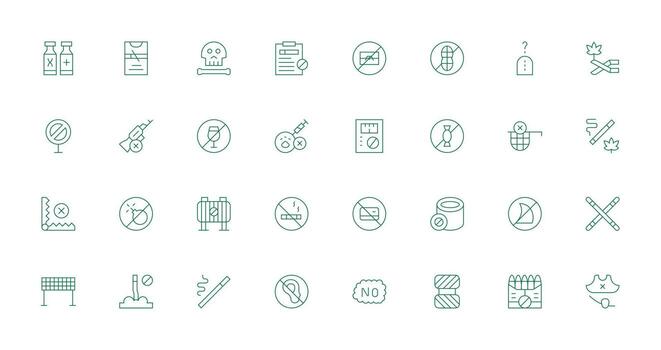 Delgado línea estilo prohibido íconos con 32 vectores diseño Listo icono conjunto para equipos