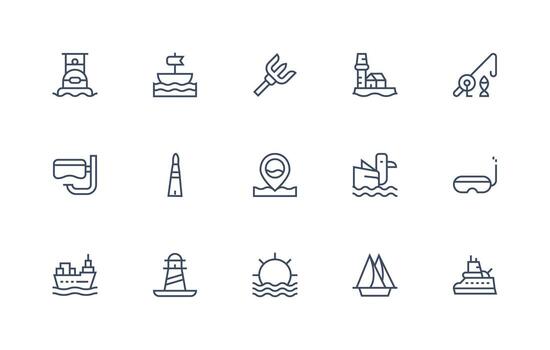 Sea Visual Pack containing 15 Regular Line Icons Essential Icons for Rapid UI Building vector