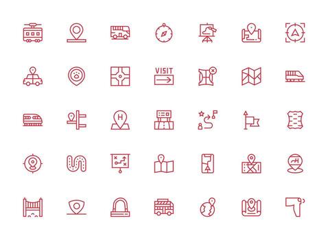 Route featuring 35 Icons in Regular Clean Line Design Clear and Concise Icon Set Collection vector