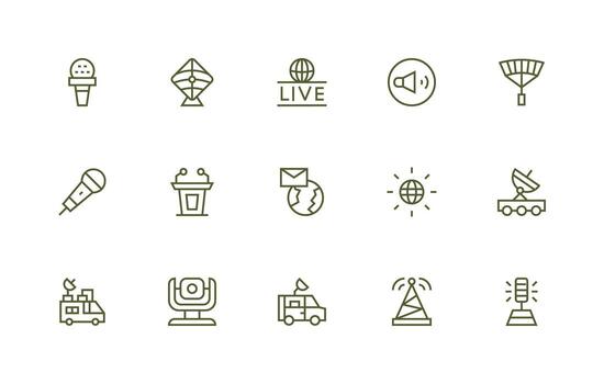 Broadcasting Icon Set with 15 Regular Line Graphics Balanced Icon Set for Functional Design vector