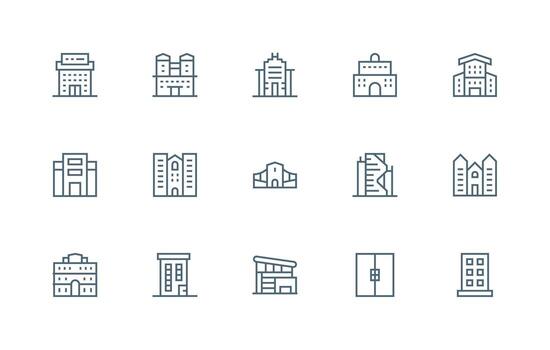 Departamento edificio incluso 15 regular línea ilustraciones limpiar icono conjunto icono paquete para ui proyectos vector