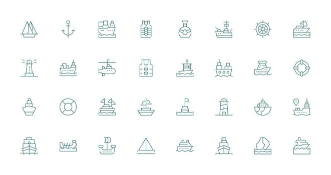 marítimo visual paquete conteniendo 32 Delgado línea íconos equilibrado icono conjunto para funcional diseño vector