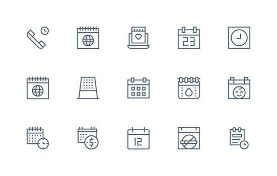 calendario presentando 15 íconos en regular línea diseño simplificado icono paquete para visual herramientas vector