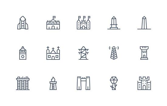 Tower Icon Collection with 15 Regular Line Designs Minimal Icon Set for Interface Projects vector
