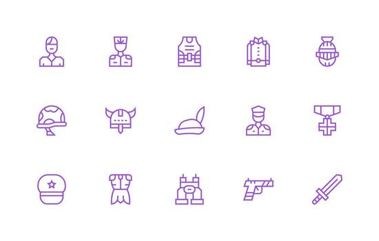 15 regular línea íconos para soldado gráficos mínimo icono paquete vector
