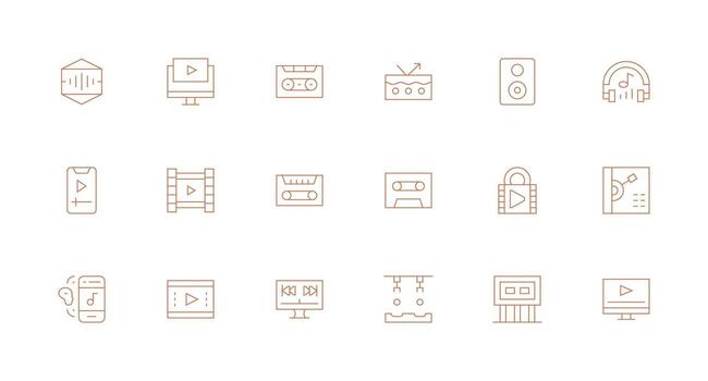 reproducción diseño íconos presentando 18 en mínimo línea estilo basado en temas icono paquete vector