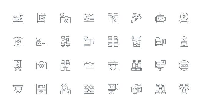 Camera Icon Collection with 32 Thin Line Designs Optimized Icon Pack for Digital Products vector