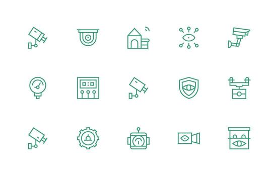 Monitoring System featuring 15 Icons in Regular Line Design Organized Icon Pack for Quick Access vector