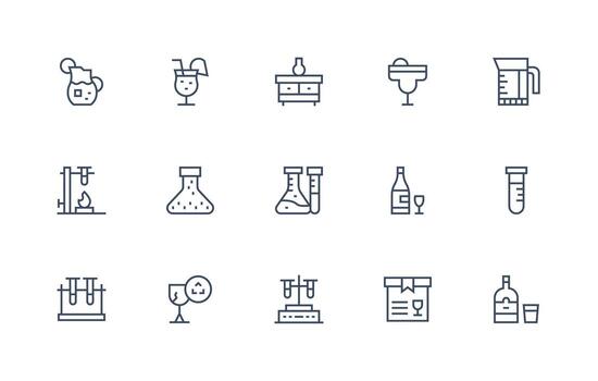 Glassware Design Icons featuring 15 in Regular Line Style Organized Icon Pack for Quick Access vector