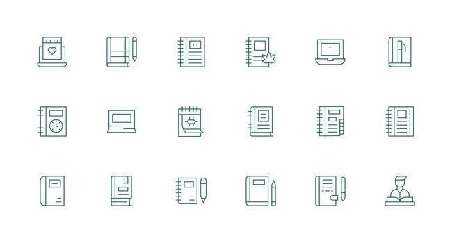 Notebook featuring 18 Icons in Minimal Line Design Organized Icon Pack for Quick Access vector