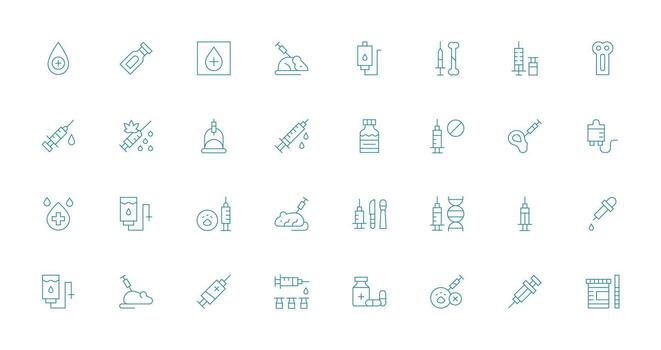 32 Injection Icons in Thin Line Aesthetic Responsive Icon Set for Flexible Layouts vector