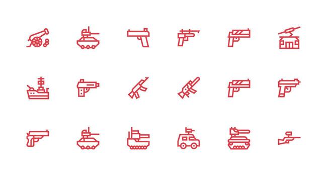 Gun featuring 18 Icons in Strong Stroke Line Design Layout Icon Collection vector