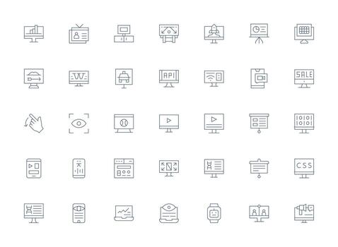 35 Icons for Screen in Light Line Format Icon Set for Projects vector