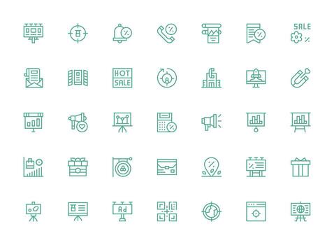 márketing icono conjunto con 35 regular limpiar línea gráficos icono paquete para ui vector