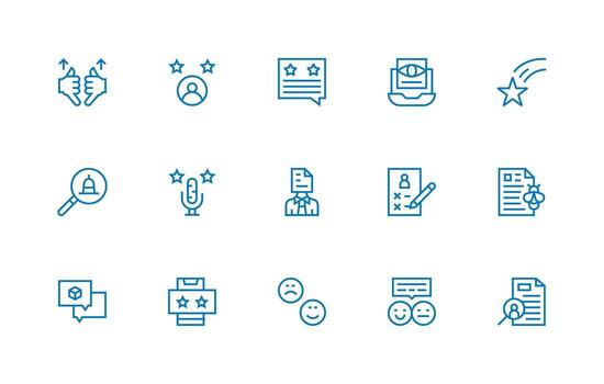 Review Design Icons featuring 15 in Regular Line Style User Interface Icons for Digital Products vector
