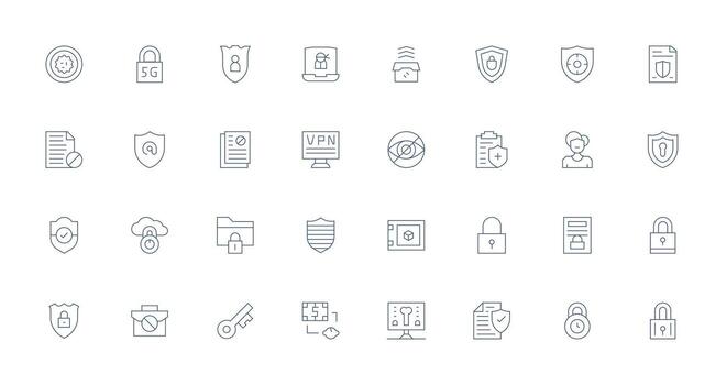 Delgado línea estilo datos proteccion íconos con 32 vectores completar icono conjunto para móvil aplicaciones