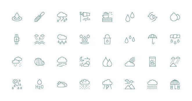 lluvia presentando 32 íconos en Delgado línea diseño editable icono colección vector