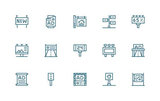 Billboard Design Icons featuring 15 in Regular Line Style Sharp Icons for Presentations vector