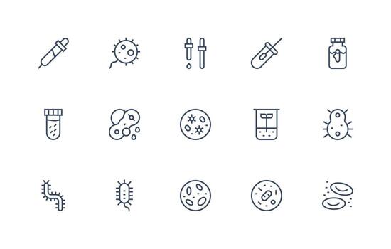 microbiología presentando 15 íconos en regular línea diseño moderno icono conjunto vector