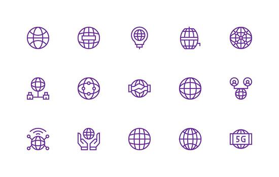 Worldwide Network Design Icons featuring 15 in Regular Line Style Professional Icon Pack for Development Work vector