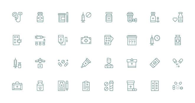 32 Icons for Medication in Thin Line Format Complete Icon Bundle for Web Design vector
