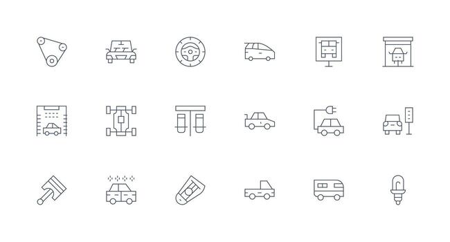 18 Automobile Icons in Minimal Line Aesthetic Multi-Style Icons for Creative Projects vector