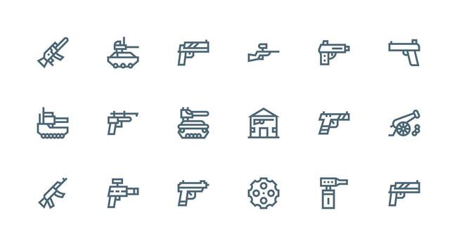 Gun Design Icons featuring 18 in Strong Stroke Line Style Sharp Icons for Presentations vector