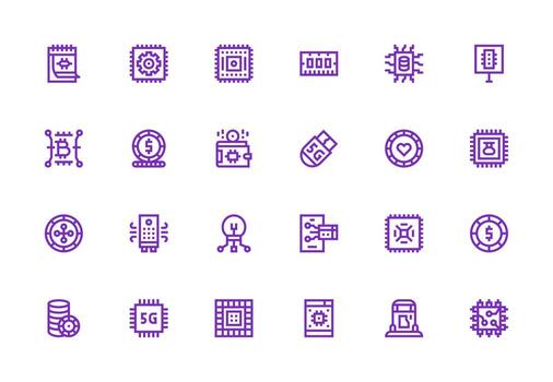 Chip Icon Set with 24 Thick Line Line Graphics User Interface Icons for Digital Products vector