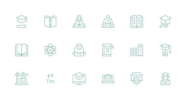 Universidad visual paquete conteniendo 18 mínimo línea íconos claro y conciso icono conjunto colección vector