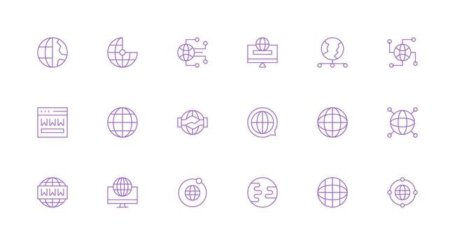Global Reach Design Icons featuring 18 in Minimal Line Style Complete Icon Bundle for Web Design vector