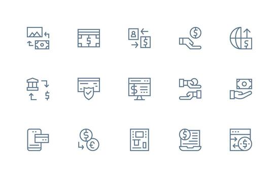 Money Transfer Icon Collection with 15 Regular Line Designs Neatly Designed Icons for Web Platforms vector