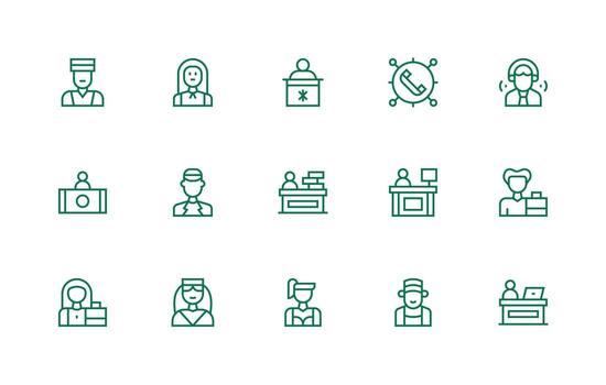 Receptionist Icon Set with 15 Regular Line Graphics App Icon Pack vector