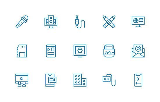 Multimedia Icon Set with 15 Regular Line Graphics Balanced Icon Set for Functional Design vector