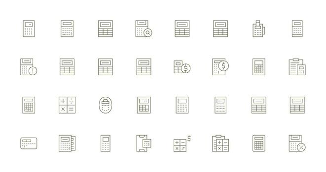 Calculator featuring 32 Icons in Thin Line Design Multi-Style Icon Collection vector
