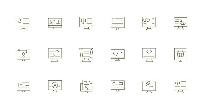 computadora pantalla presentando 18 íconos en mínimo línea diseño simplificado icono paquete para visual herramientas vector