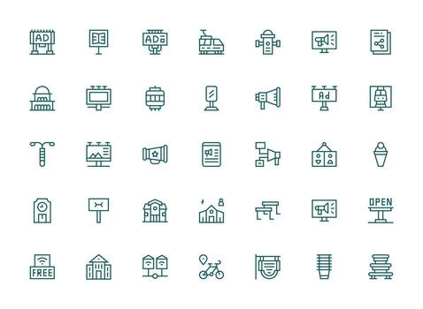 Public Visual Pack containing 35 Regular Clean Line Icons Quick Access Icons for UI Development vector