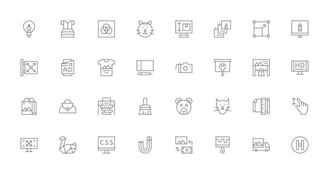 32 íconos para gráfico diseño en Delgado línea formato moderno icono conjunto vector