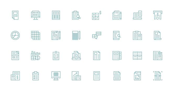 32 Thin Line Style Icons from Spreadsheet Collection Icon Pack for Various Themes vector
