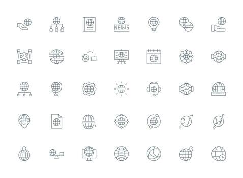 Worldwide Icon Collection with 35 Light Line Designs Scalable Icons for Cross-Platform Interfaces vector