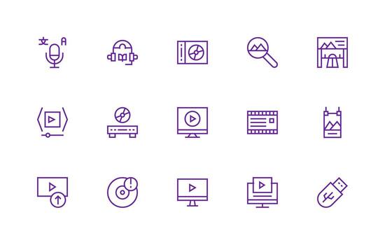 Regular Line Style Digital Media Icons with 15 Vectors Responsive Icon Set for Flexible Layouts