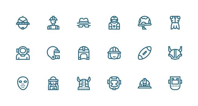 Helmet Design Icons featuring 18 in Strong Stroke Line Style Multi-Style Icons for Creative Projects vector