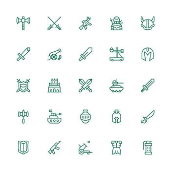 Battle Design Icons featuring 25 in Medium Stroke Outline Style Icon Set for Web vector