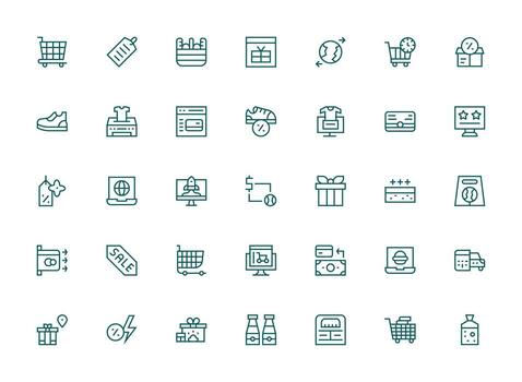 comercio electrónico icono conjunto con 35 regular limpiar línea gráficos agudo íconos para presentaciones vector