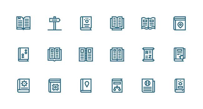 Guidebook including 18 Strong Stroke Line Illustrations Complete Icon Bundle for Web Design vector