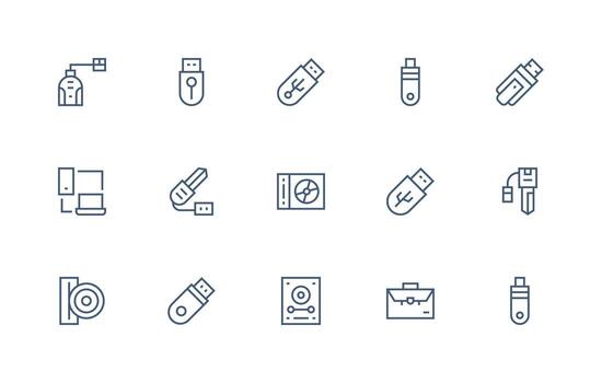 Portable Storage Icon Set with 15 Regular Line Graphics Functional Icon Series vector