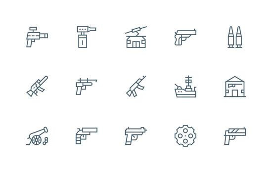 Gun Icon Collection with 15 Regular Line Designs Scalable Icons for All Themes vector